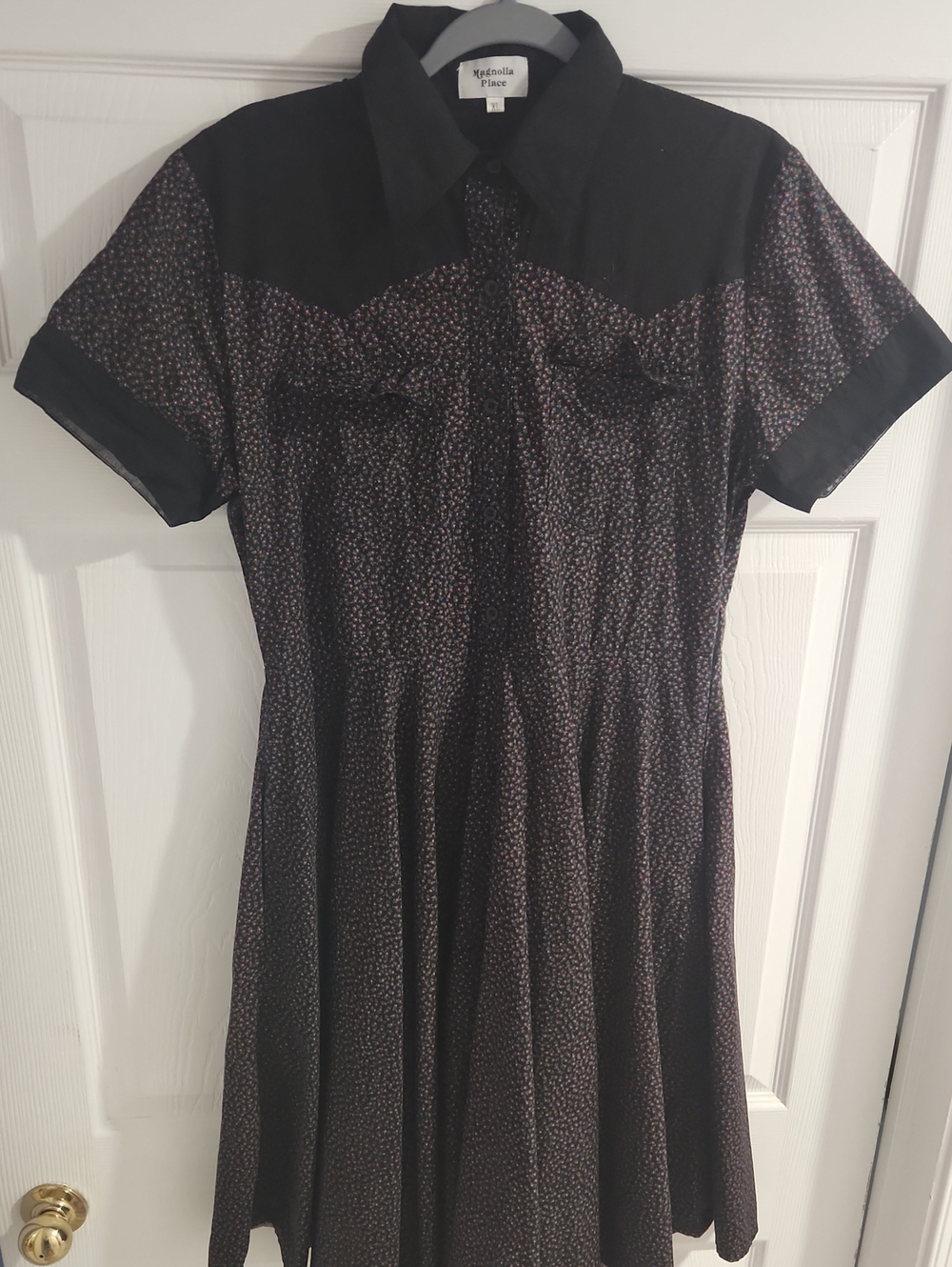 Magnolia Place Black Collared Midi Dress with Tiny Floral Print